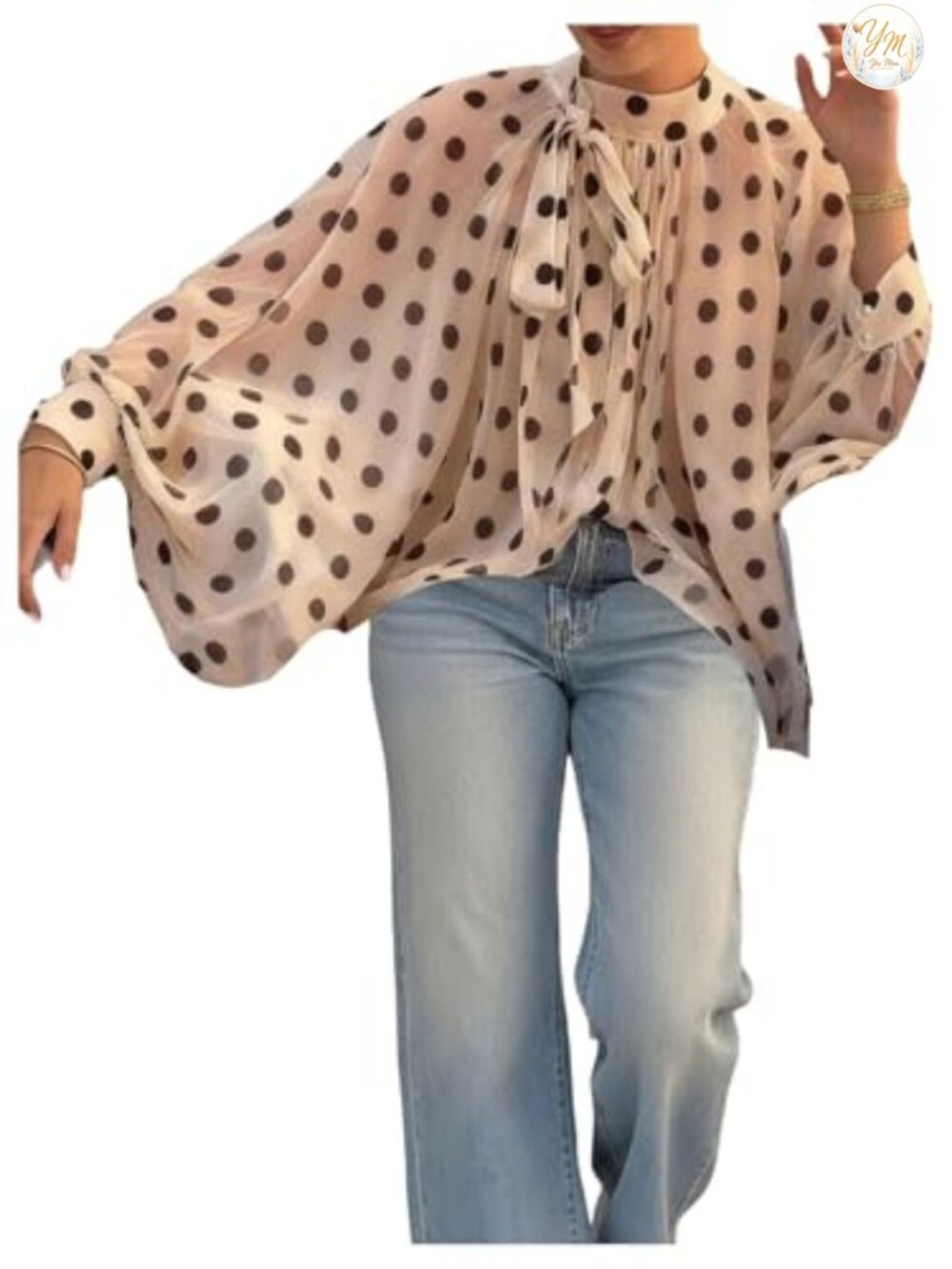 Polka Dots Bishop Sleeve Tie Neck Mesh Blouse Top Sheer Loose Fit